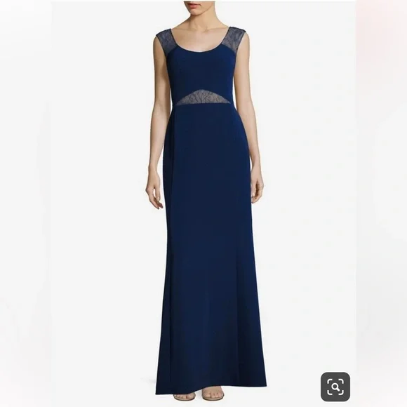 AIDAN MATTOX Lace inset cutout Navy Blue floor length gown Size 4 NEW WITH TAGS - Picture 10 of 15